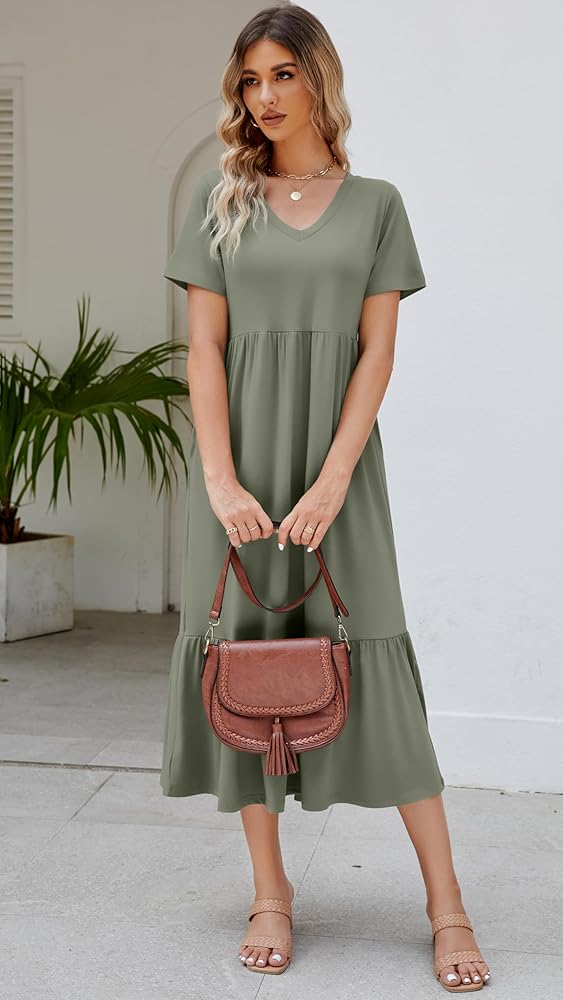 Women's Summer Short Sleeve V Neck Swing Dress Flowy Tiered
